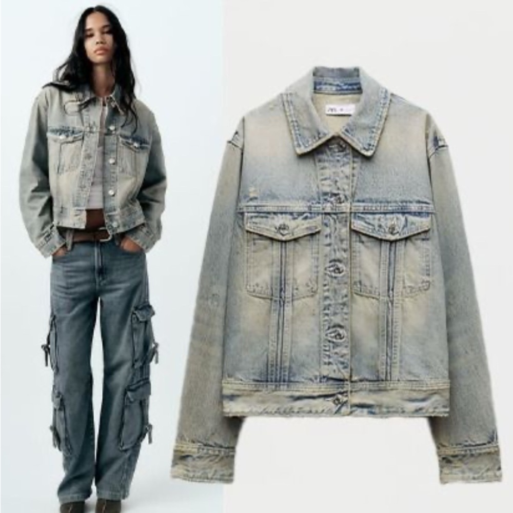 ZARA Stylish & Distressed Blue Denim Jacket size medium